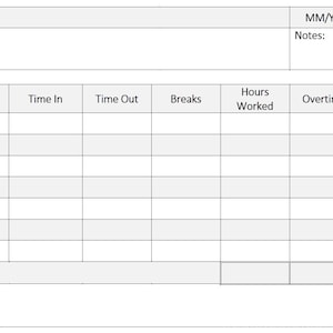 May include: A blank time sheet form with columns for date, time in, time out, breaks, hours worked, overtime, and total. The form also includes sections for name, site, MM/YY, and notes.