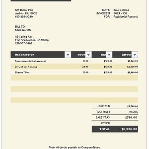 Puede incluir: Factura por servicios de renovación residencial. La factura enumera los servicios, las horas, la tarifa y el importe de cada servicio. El importe total adeudado es de 6.336,00 €.