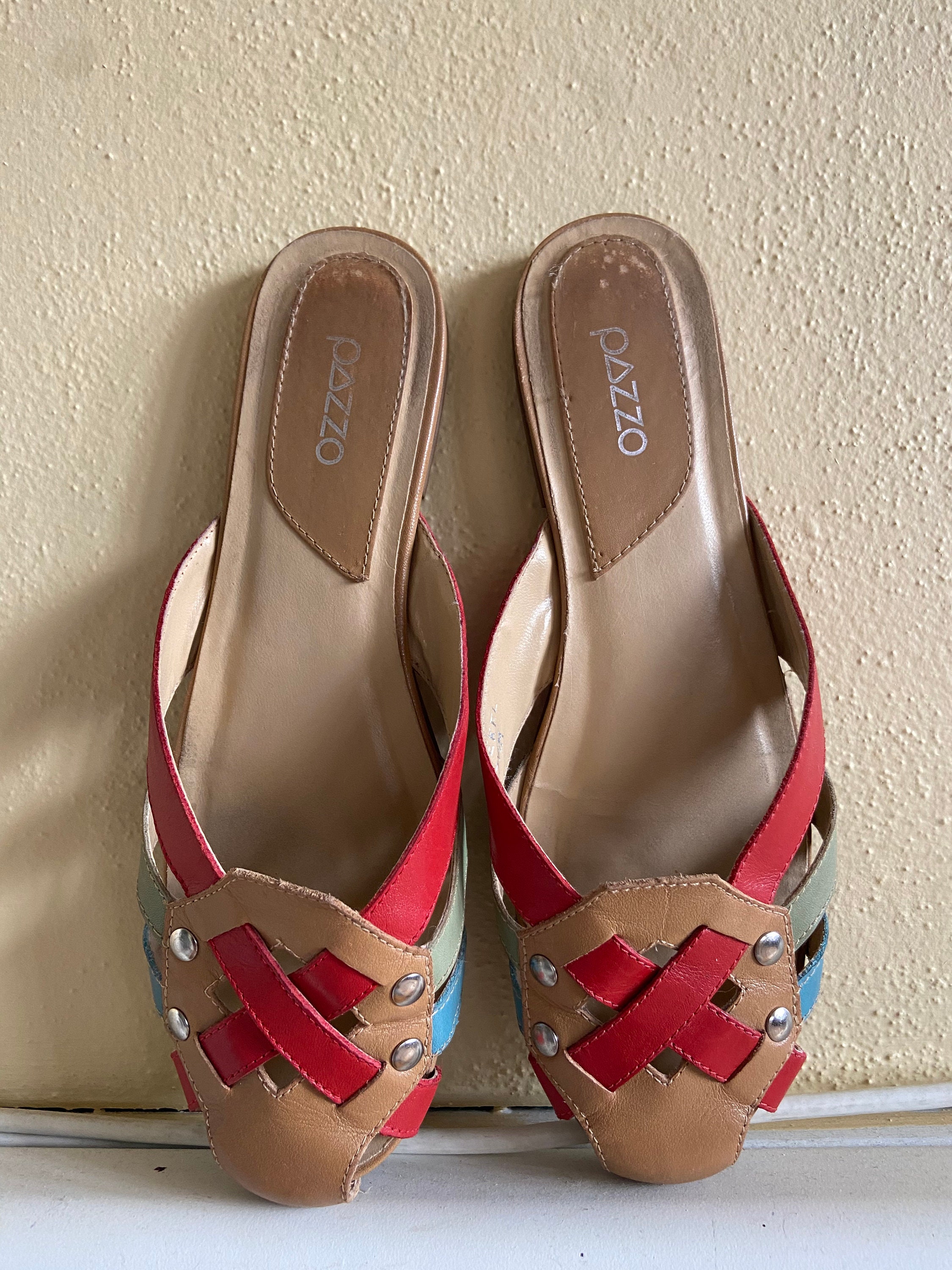 Pazzo Vintage Slip on Mule Red Tan and Blue Slip on Retro