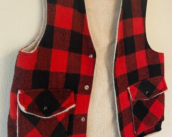 Vintage wool blend, red plaid camping Vest