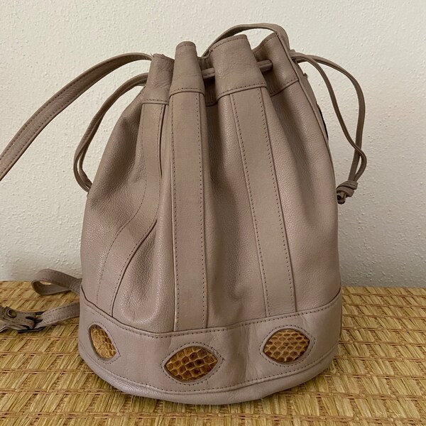 Genuine vintage leather bucket bag, gray with brown snake print accents 1980s