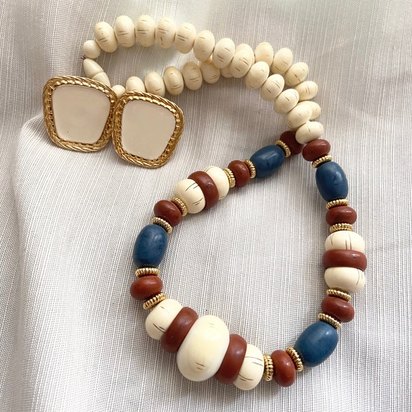 Vintage large bead necklace, cream, maroon, and navy with gold , large abstract square earrings , necklace earring set