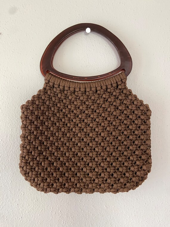 Brown woven macrame Vintage top handle purse, 197… - image 2