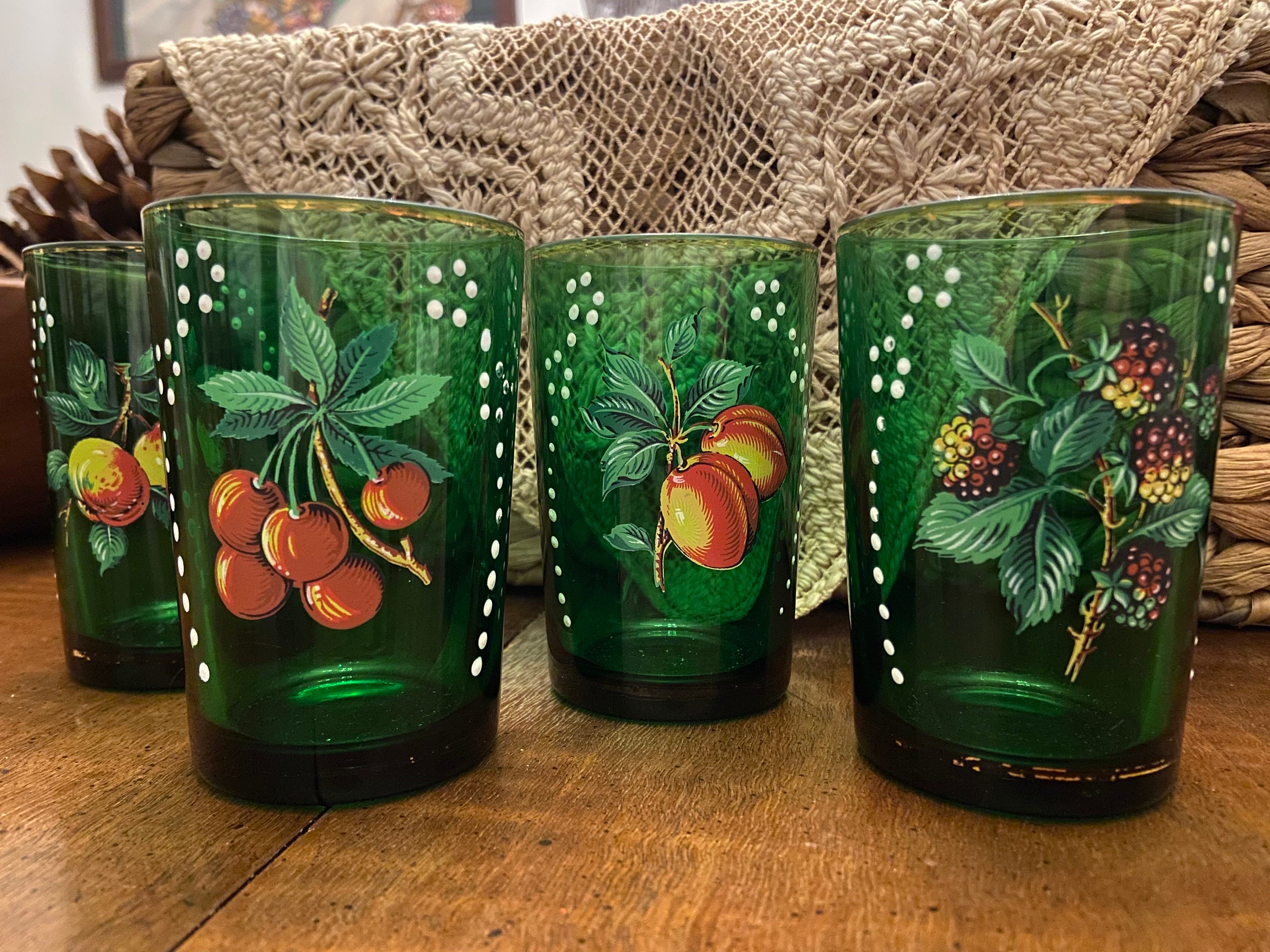 Vintage Juice Glasses Featuring Fruits Hand Painted Retro Etsy