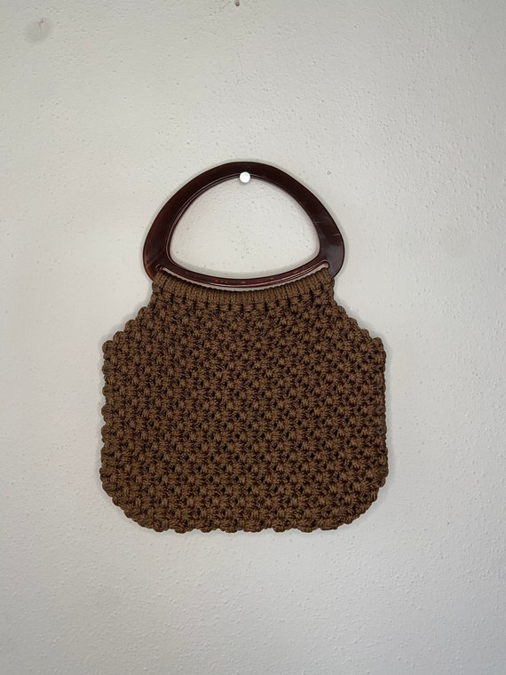 Brown woven macrame Vintage top handle purse, 197… - image 1