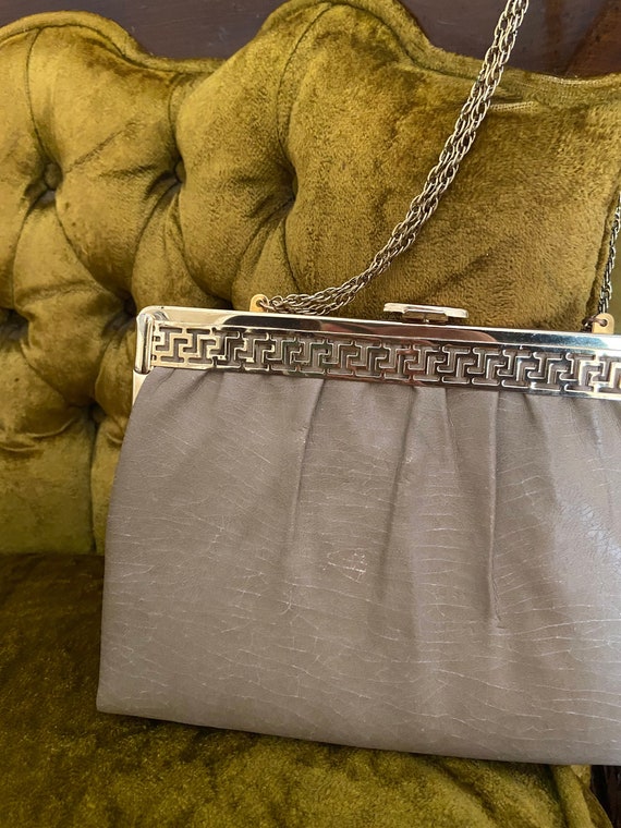 Vintage taupe and gold leather handbag