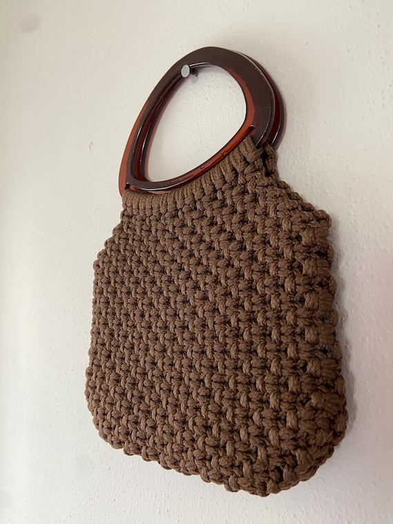 Brown woven macrame Vintage top handle purse, 197… - image 5