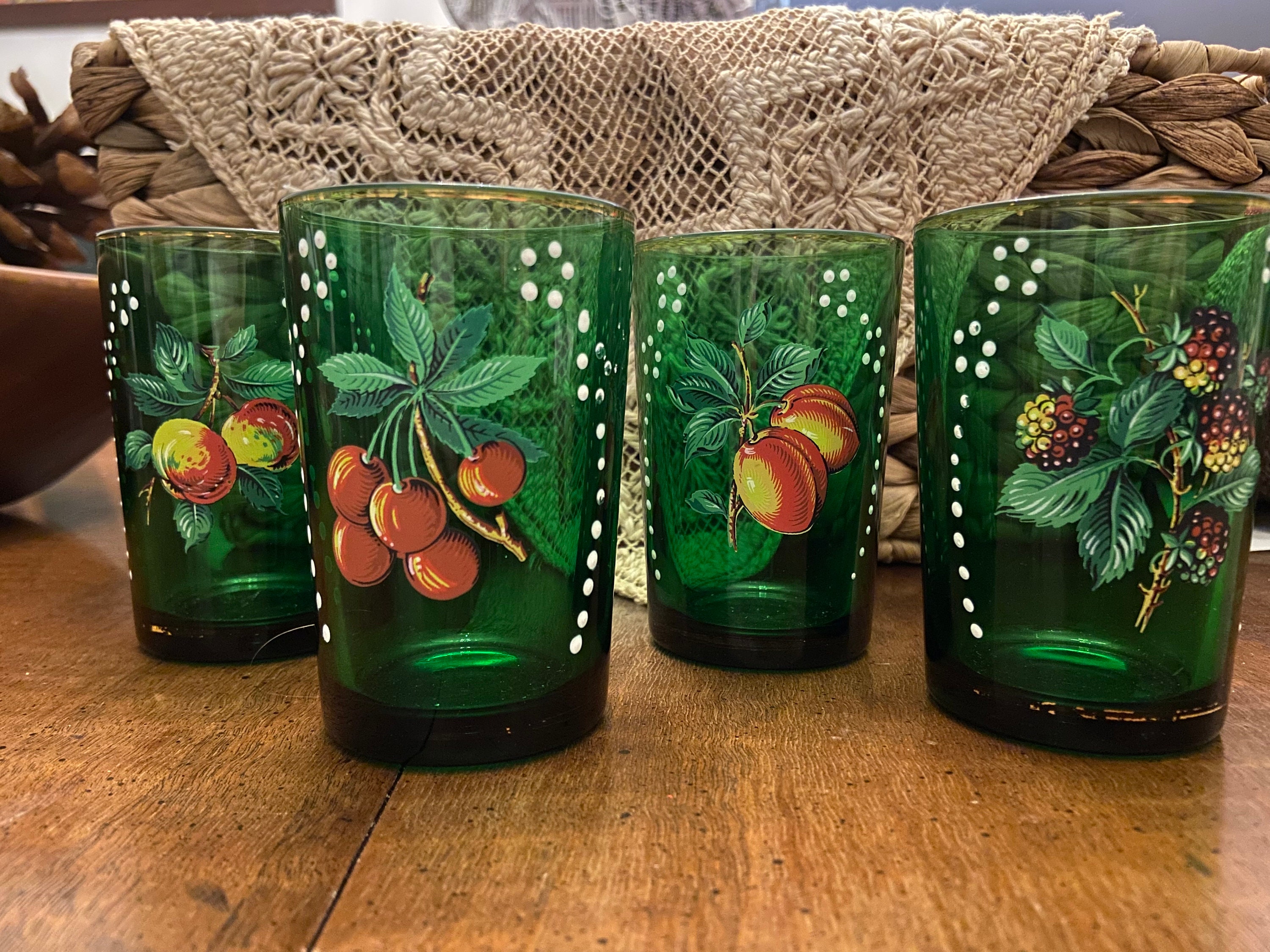 Vintage Juice Glasses Featuring Fruits Hand Painted Retro Etsy