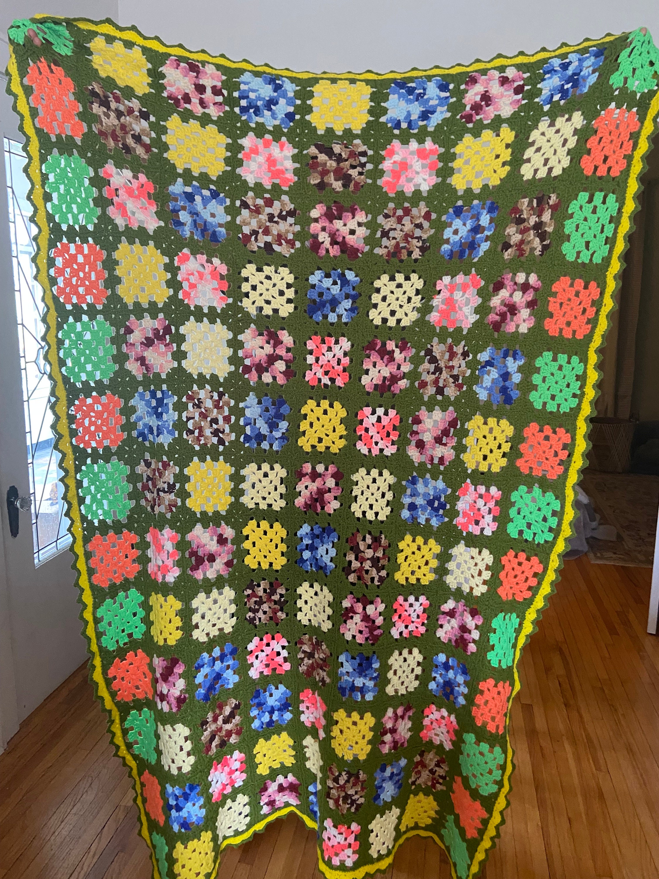 Vintage Crochet Throw Blanket Multicolored Checkered Retro Etsy