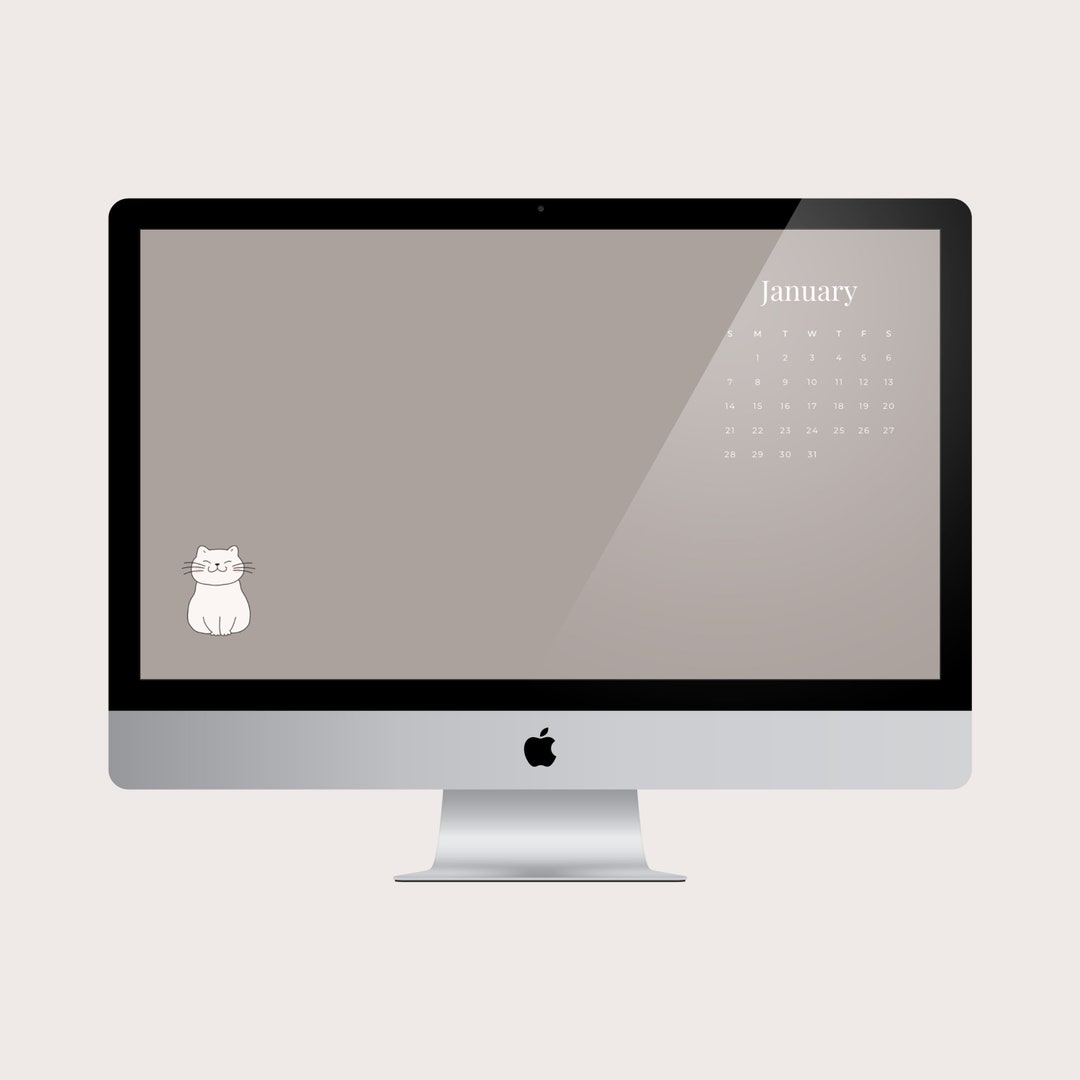 2024 White Cat Monthly Desktop Calendar Wallpaper Neutral Etsy