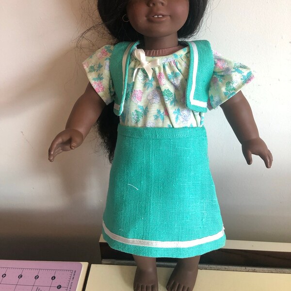 Spring time 3 piece turquoise outfit for 18 inch doll such as American Girl