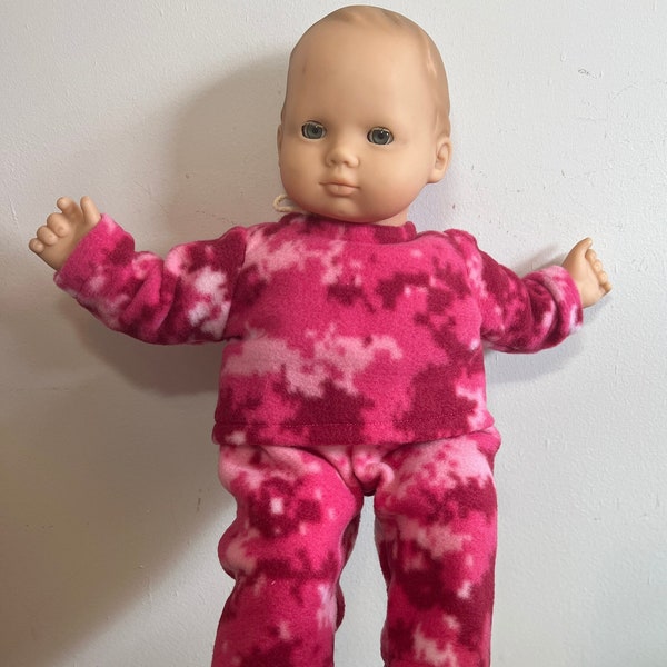 pink camo fleece pajamas for 15 inch baby doll such as A.G. Bitty Baby