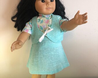 Spring time 3 piece turquoise outfit for 18 inch doll such as American Girl