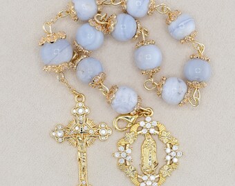 Pocket Rosary with Lace Chalcedony and 14K Gold Plated Findings