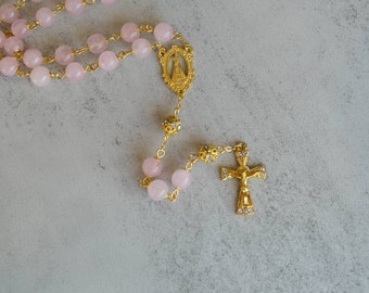 Rose Quartz Rosary with Charm, Freebies - Christening Favors, Baptism Keepsake, The Lord's Prayer, etc.