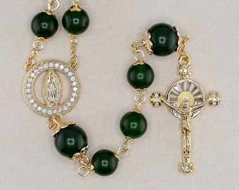 Jade Stone Rosary w/ 14K Gold Plated Findings - Catholic Immaculate Virgin Mary Jesus Heirloom Handmade Handcrafted Confirmation