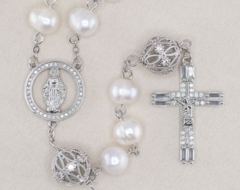 Freshwater Pearl Catholic Rosary with Rhodium and Platinum Plated Findings