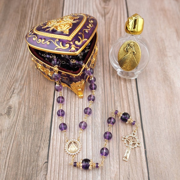7A Amethyst Heirloom Catholic Rosary with 14K Gold Plated Findings and Metal Enamel Box - Ornate and Unique Keepsake