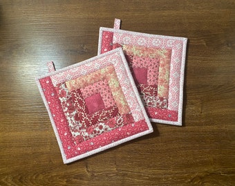 Pink Old Rose Log Cabin Potholders, Set of 2 Quilted Patchwork Pot Holders for Kitchen Decor