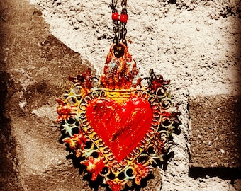 Heart, necklace, sacred heart, sagrado corazon, ex voto, Frida Kahlo, gothic, jewelery, handmade,