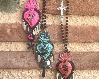 Sacred heart necklace, heart, sagrado corazon, ex voto, Frida Kahlo, pendant, heart