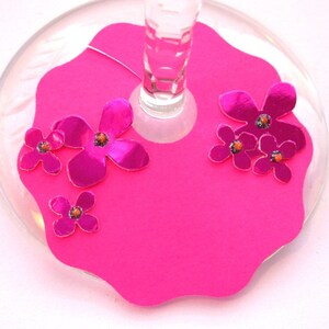 10 or 20 Hot pink fuchsia with flowers wineglass markers with paper tags markers placecards glass markers handmade for stemmed glasses