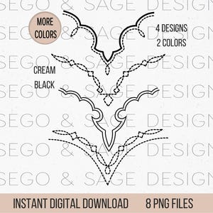 May include: A digital download of 8 black and white PNG files featuring 4 different designs of a decorative, symmetrical, heart-shaped pattern. The text "SEGO & SAGE DESIGN" appears multiple times on the image.