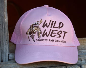 Wild West Trucker Hat, Pink Western Ballcap, Cowboy hat, Rodeo Cap, Cowgirl, Vintage, Summer, 4-H, Fair, Country Concert Hat, Bucking horse