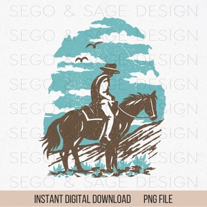 May include: A digital illustration of a cowboy riding a horse in a desert landscape. The cowboy is wearing a hat and a long coat. The horse is brown and has a long mane. The background is a blue sky with white clouds.
