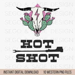 K&ouml;nnte beinhalten: Ein digitaler Download von 10 Western-PNG-Dateien mit einem Totenkopf mit Blitz, Kaktus und dem Text "HOT SHOT".