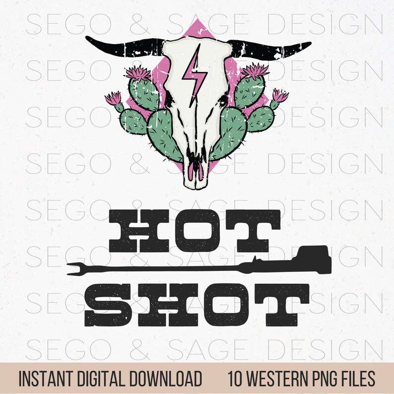 K&ouml;nnte beinhalten: Ein digitaler Download von 10 Western-PNG-Dateien mit einem Totenkopf mit Blitz, Kaktus und dem Text "HOT SHOT".