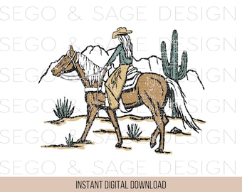 Cactus Cowgirl Design, Desert Cowgirl clipart, cowgirl on horse, Cowboy designs, western sublimation, cactus design, western cactus PNG,