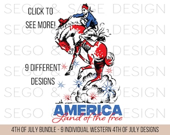 May include: A red, white, and blue illustration of a cowboy riding a bucking horse with stars and fireworks in the background. The text "America Land of the free" is below the image.