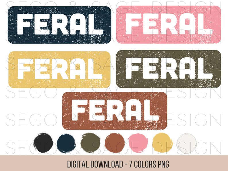以下が含まれることがあります： 「FERAL」という単語が、ディストレスフォントで書かれた7つのデジタルダウンロード可能なPNGファイルのセットです。単語は、黒、紺色、濃い緑色、茶色、ピンク、黄色、白の7色で表示されます。