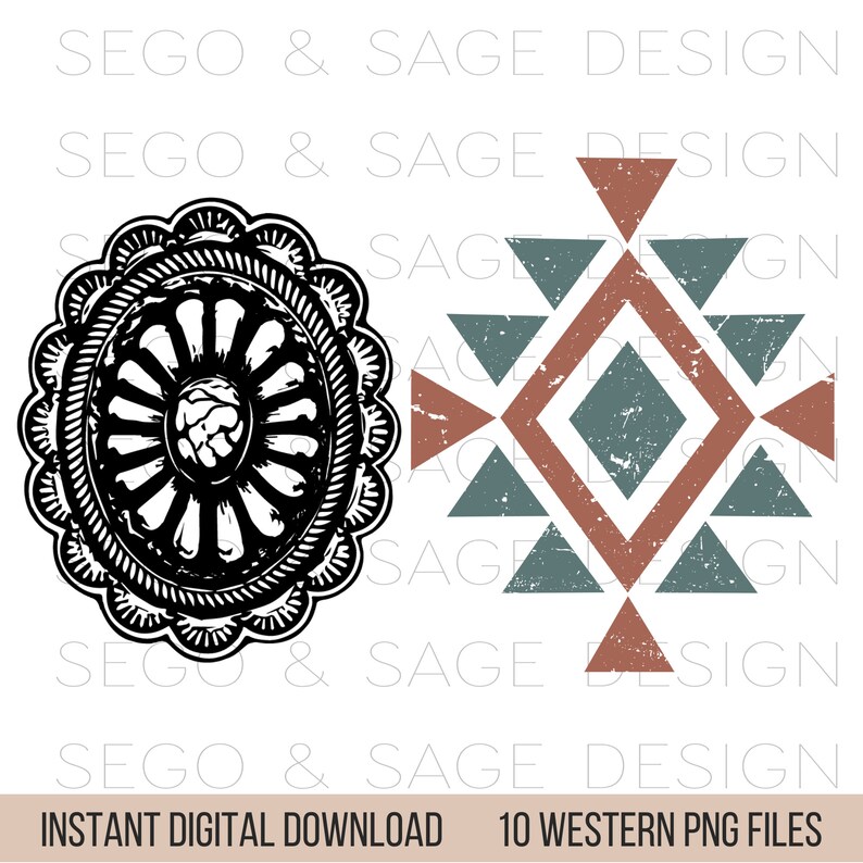 K&ouml;nnte beinhalten: Ein Set mit 10 digitalen Grafiken im Western-Stil, bestehend aus einem schwarz-wei&szlig;en geometrischen Design und einem rot-blau-wei&szlig;en geometrischen Design. Der Text "SEGO & SAGE DESIGN" erscheint mehrmals auf dem Bild.