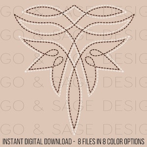 May include: A brown and white stylized design with a symmetrical pattern of curved lines and leaves. The design is outlined with a dotted line.