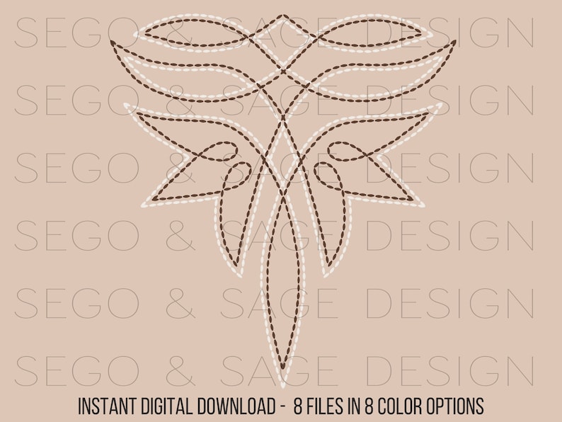 May include: A brown and white stylized design with a symmetrical pattern of curved lines and leaves. The design is outlined with a dotted line.