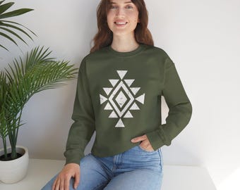 Unisex Heavy Blend™ Crewneck Sweatshirt, Aztec print sweater, cowgirl pullover, western top, rodeo jacket, southwest, western hoodie, horse
