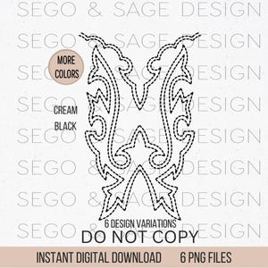 Op de afbeelding: Een digitale download in zwart-wit van een ontwerp in westerse stijl met een ster in het midden. Het ontwerp is omlijnd met een stippellijn. De tekst "6 Design Variations" en "Do Not Copy" is opgenomen in de afbeelding.