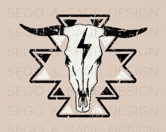 Aztec Cow skull, lightening longhorn, cowboy graphic, rodeo design, western PNG, cowgirl sublimation, western lightening bolt, cow designs