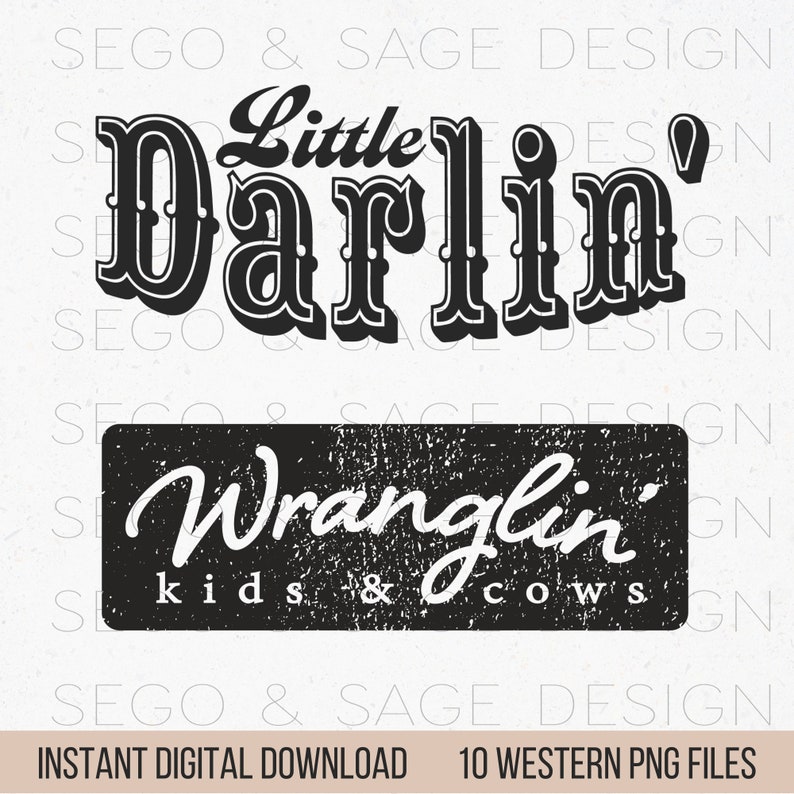 K&ouml;nnte beinhalten: Ein Set mit 10 digitalen Grafiken im Western-Stil mit dem Text "Little Darlin'" und "Wranglin' Kids & Cows". Die Grafiken sind in Schwarzwei&szlig; mit einem abgenutzten, Vintage-Look.