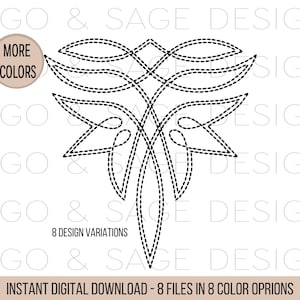 May include: Black and white digital download of a symmetrical design with a floral motif. The design is made up of curved lines and loops, creating a delicate and intricate pattern. The design is perfect for embroidery, quilting, or other crafting projects.