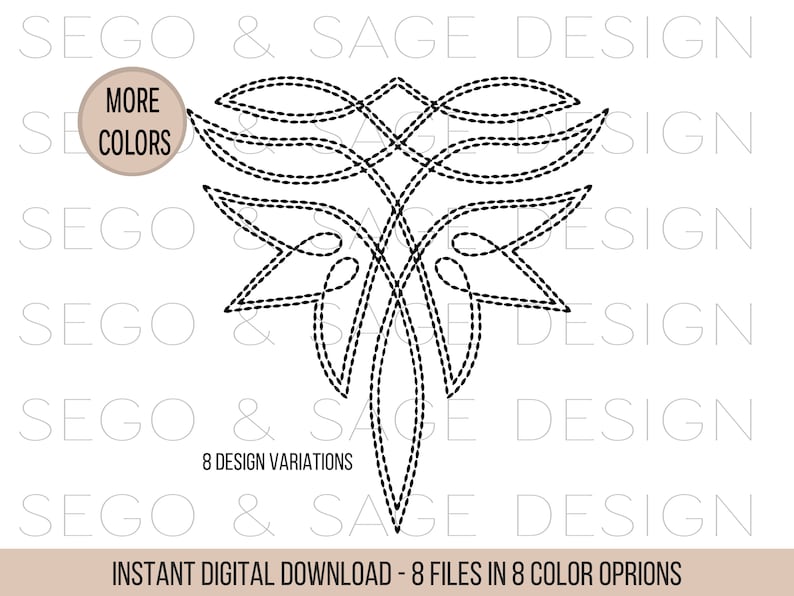 May include: Black and white digital download of a symmetrical design with a floral motif. The design is made up of curved lines and loops, creating a delicate and intricate pattern. The design is perfect for embroidery, quilting, or other crafting projects.