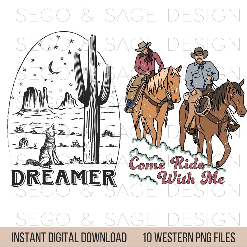 K&ouml;nnte beinhalten: Ein Set mit 10 digitalen Illustrationen zum Thema Western. Die Illustrationen zeigen einen Cowboy und eine Cowgirl, die auf Pferden reiten, eine W&uuml;stenlandschaft mit einem Kaktus und einem Coyote, der zum Mond heult, sowie den Text "Come Ride With Me" und "Dreamer".
