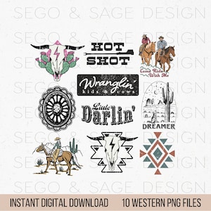 K&ouml;nnte beinhalten: Zehn digitale Grafiken im Western-Stil, darunter ein Sch&auml;del mit Blitz, ein Kaktus, ein Cowboy auf einem Pferd, ein Lasso, ein Wagenrad, ein Kaktus mit einem Wolf, ein Sch&auml;del mit einem Blitz in einem geometrischen Muster, ein geometrisches Muster in Rot, Blau und Braun sowie der Text "Hot Shot", "Wranglin' Kids & Cows", "Little Darlin'," und "Dreamer".
