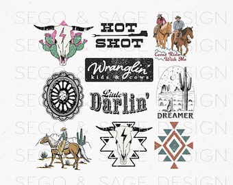 May include: Ten digital western-themed graphics, including a skull with lightning bolt, a cactus, a cowboy riding a horse, a lasso, a wagon wheel, a cactus with a wolf, a skull with a lightning bolt in a geometric pattern, a geometric pattern with red, blue, and brown colors, and the text "Hot Shot", "Wranglin' Kids & Cows", "Little Darlin'," and "Dreamer".