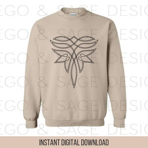 May include: A beige sweatshirt with a black embroidered design of a stylized tree with leaves. The design is centered on the front of the sweatshirt.