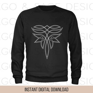May include: Black sweatshirt with a white, intricate design of a stylized butterfly on the front. The design is made up of a series of connected lines and dots.