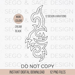 May include: A black and white digital download of 12 design variations of a decorative flourish. The design is outlined with a dashed line. The text "DO NOT COPY" is included in the image.