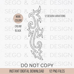 Könnte beinhalten: Ein digitaler Download in Schwarzweiß eines dekorativen Designs mit einem floralen Motiv. Das Design ist mit einer gestrichelten Linie umrandet. Der Text "NICHT KOPIEREN" ist im Bild enthalten.